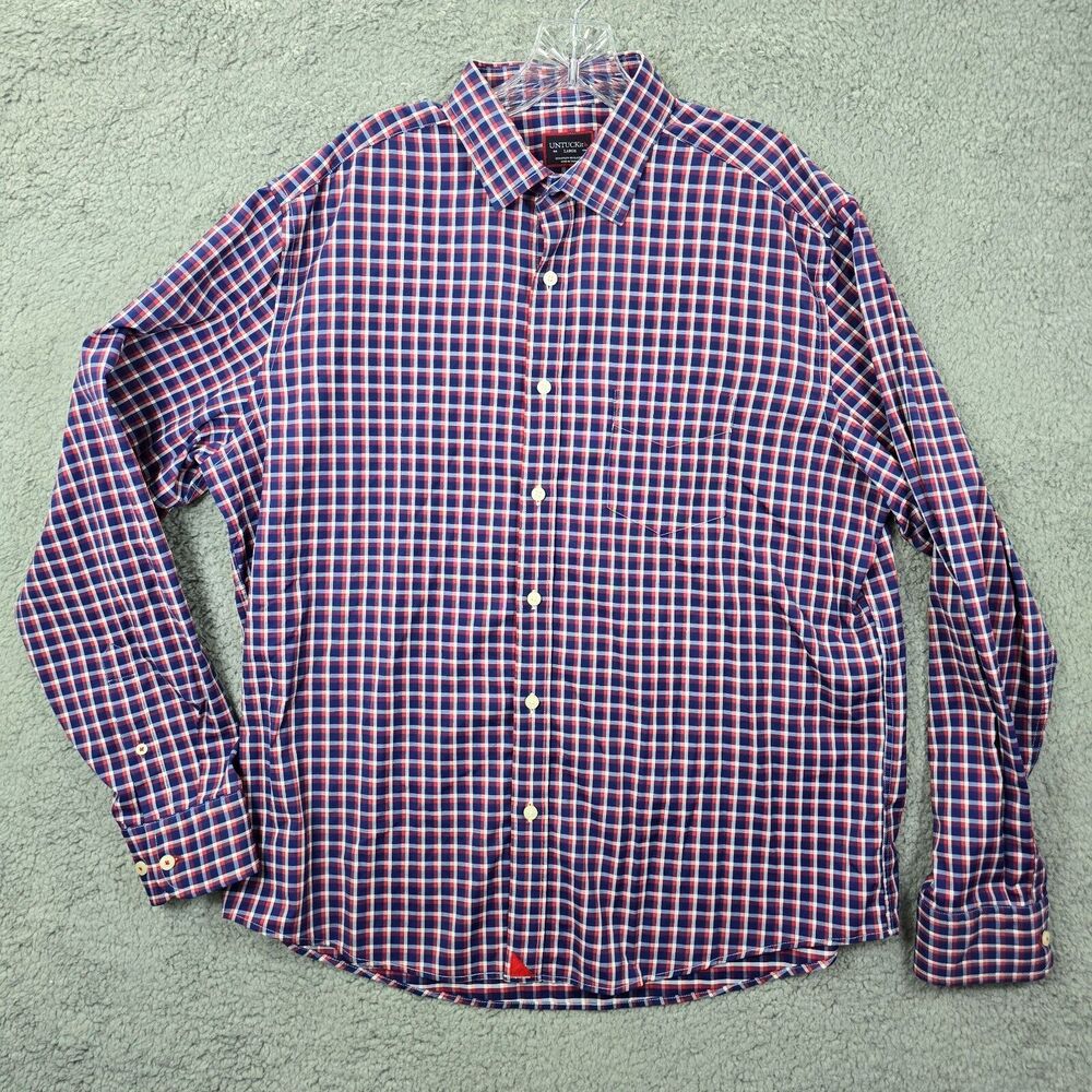 UNTUCKit Men's Blue Red Check Button Up Performance Shirt Stuhlmuller Size L